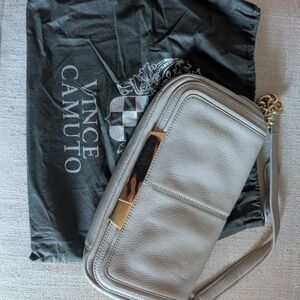Vince Camuto Taupe Leather Wristlet with Gold Accents
